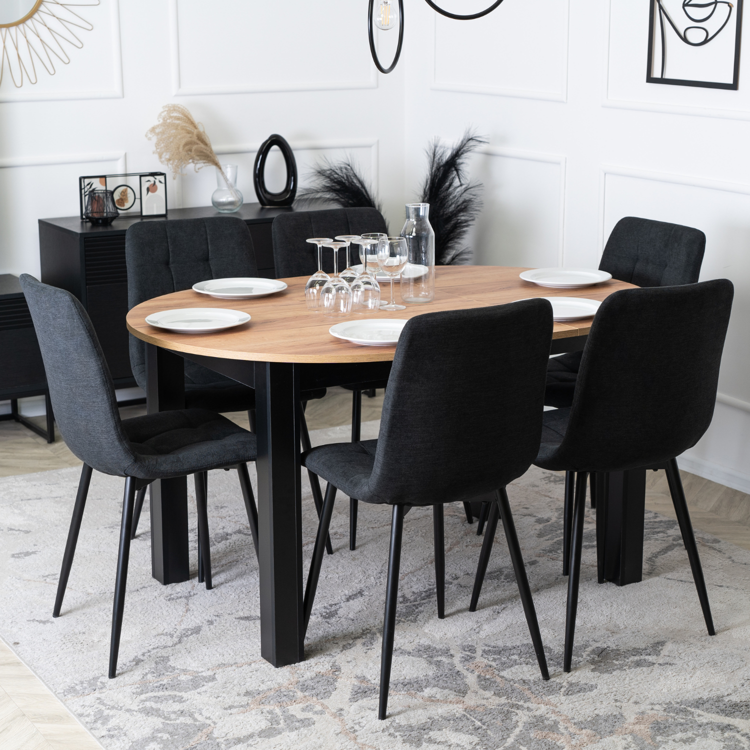 Zestaw Stół Okrągły Rozkładany HARRY 102-142 cm Dąb Craft/Czarny i 6 Krzeseł Tapicerowanych PERU 2 Czarnych Nowoczesnych W.HARRY/DC/CZ/S/PERU2/CZ/T/Z6