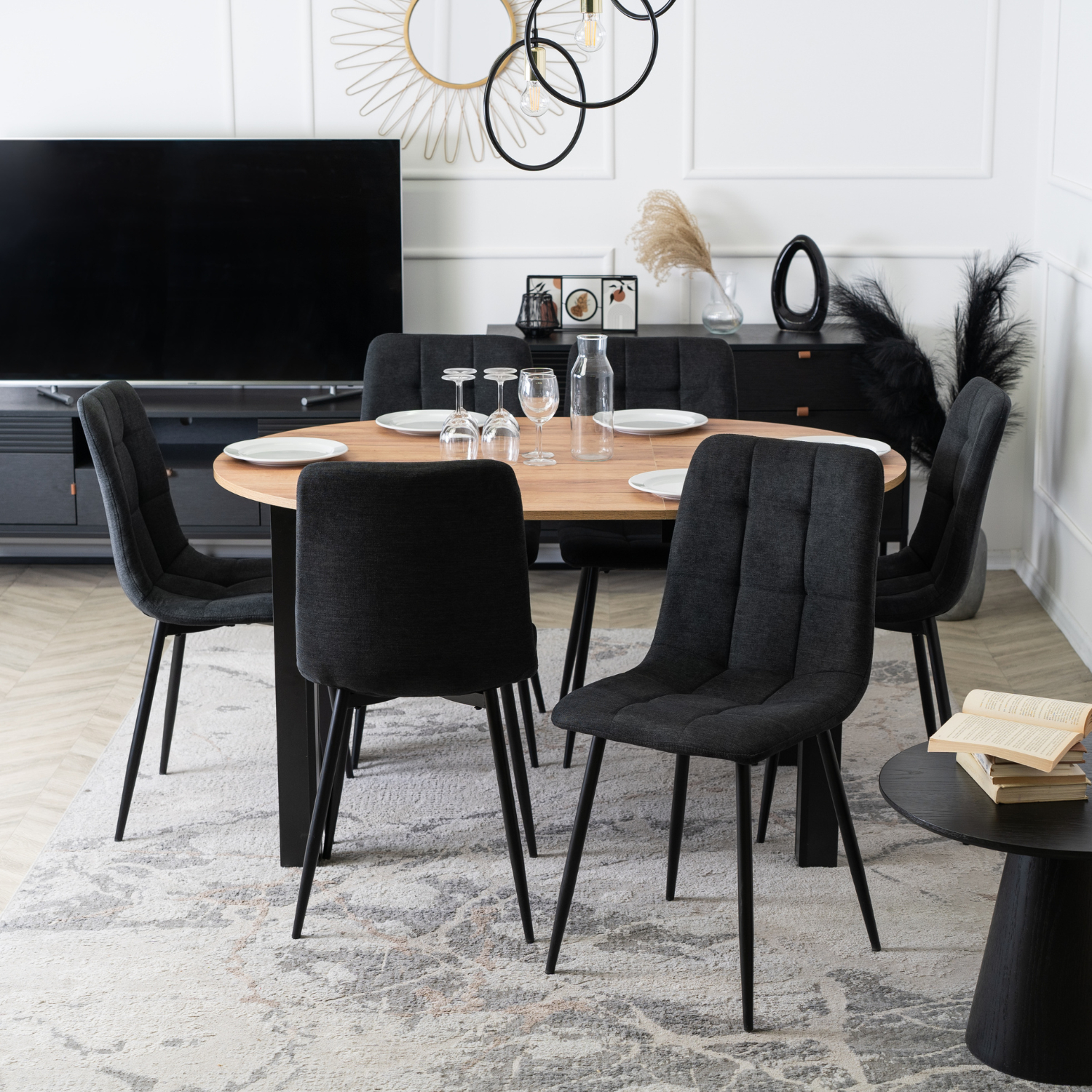 Zestaw Stół Okrągły Rozkładany HARRY 102-142 cm Dąb Craft/Czarny i 6 Krzeseł Tapicerowanych PERU 2 Czarnych Nowoczesnych W.HARRY/DC/CZ/S/PERU2/CZ/T/Z6