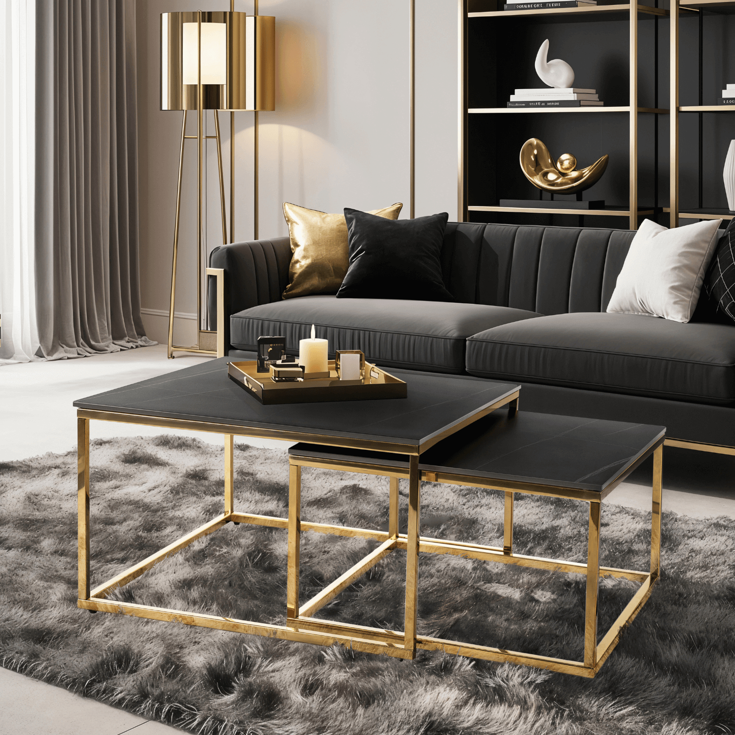 Zestaw Stolików Kawowych TENOR Czarny Marmur/Złoty do Salonu Glamour ME.TENOR/CZCER/ZL/L