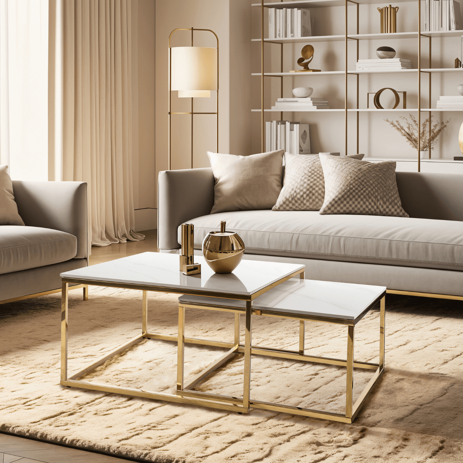 Zestaw Stolików Kawowych TENOR Biały Marmur/ Złoty do Salonu Glamour ME.TENOR/B/PL/ZL/L