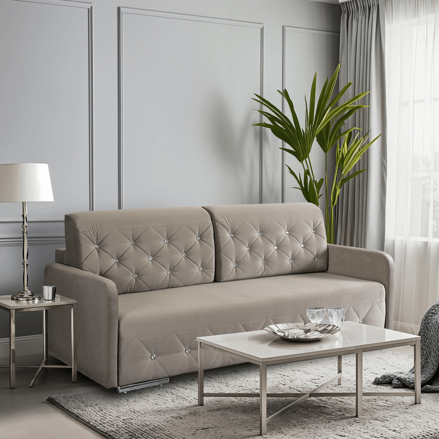 Sofa Rozkładana z Funkcją Spania VIVO Dwuosobowa Beżowa Glamour do Salonu PPHUE.KRISTAL/PAROS3/SOF
