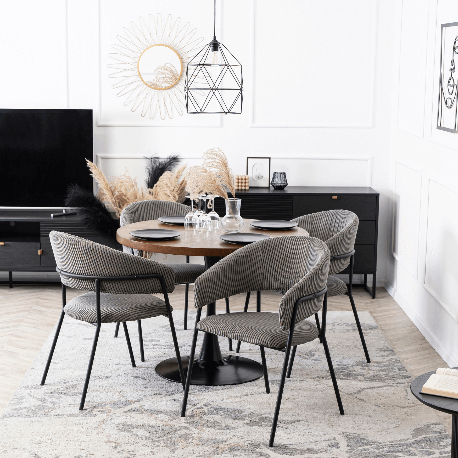 Zestaw Stół Okrągły LINO 100 cm Orzech/Czarny i 4 Krzesła Sztruksowe TINKA Szare Nowoczesne Loft LINO/O/S/TINKA/P/SZTR/Z4/K