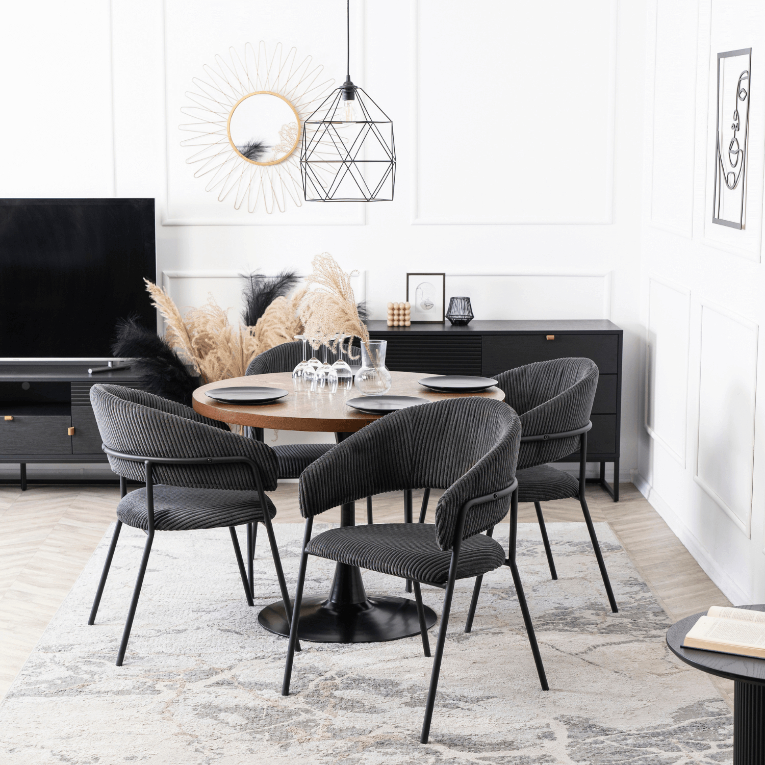 Zestaw Stół Okrągły LINO 100 cm Orzech/Czarny i 4 Krzesła Sztruksowe TINKA Czarne Nowoczesne Loft LINO/O/S/TINKA/CZ/SZTR/Z4/K