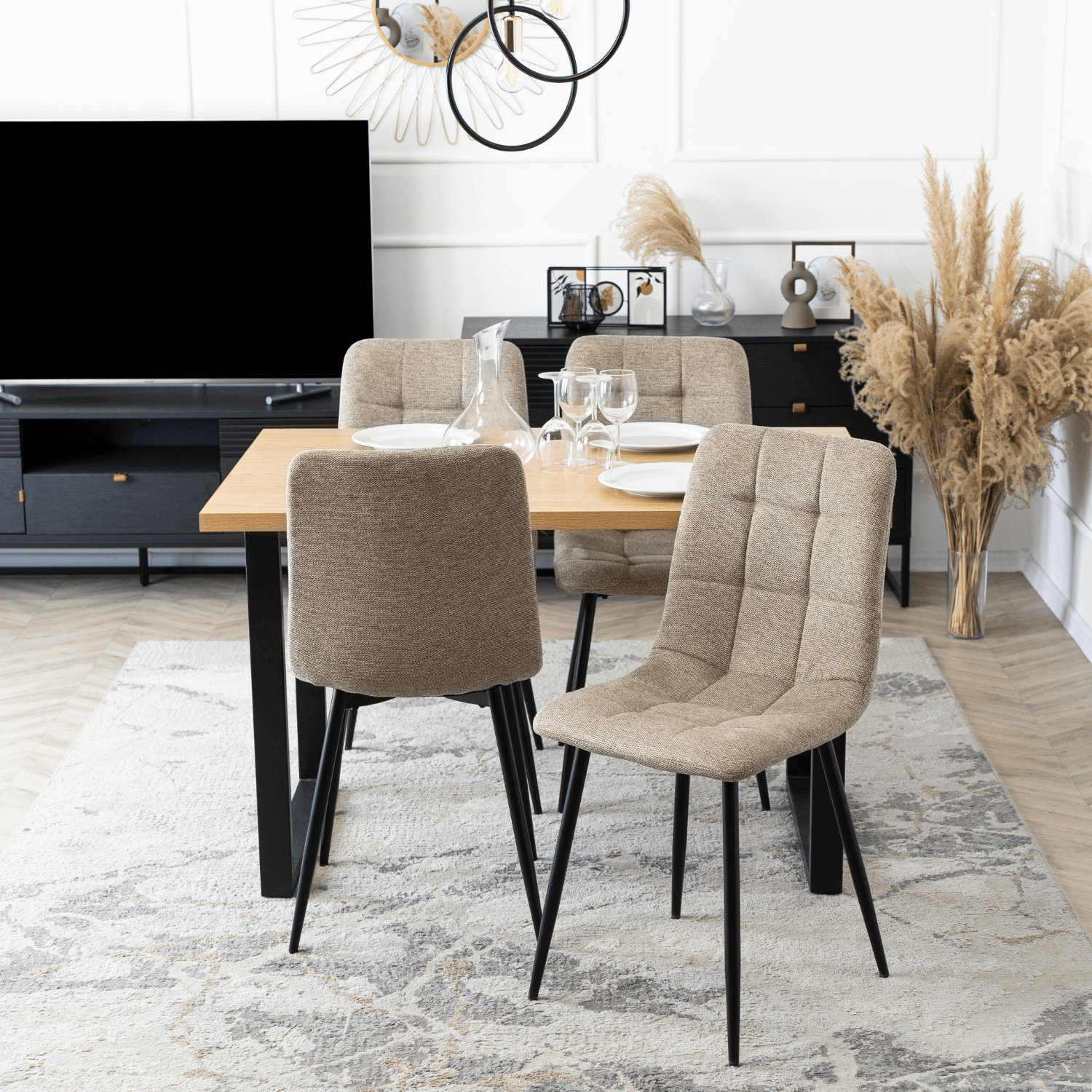 Zestaw Stół Prostokątny VETTEL 120 cm Dąb Złoty/Czarny i 4 Krzesła Tapicerowane PERU 2 Beżowe Nowoczesne Loft VETTEL/D/CZ/S/PERU2/BZ/T/Z4/K